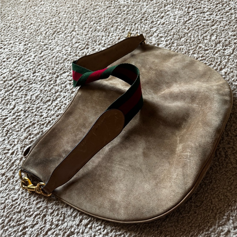 Gucci Tan Suede Shoulder Bag with Striped Strap